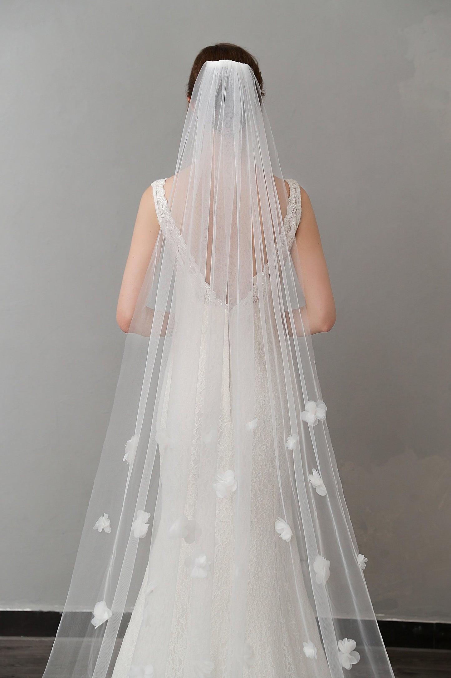 Romantic Cathedral Wedding Veil with 3D Floral Appliqué