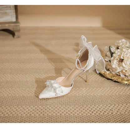 Pearl Bow Stiletto Bridal Heels – White