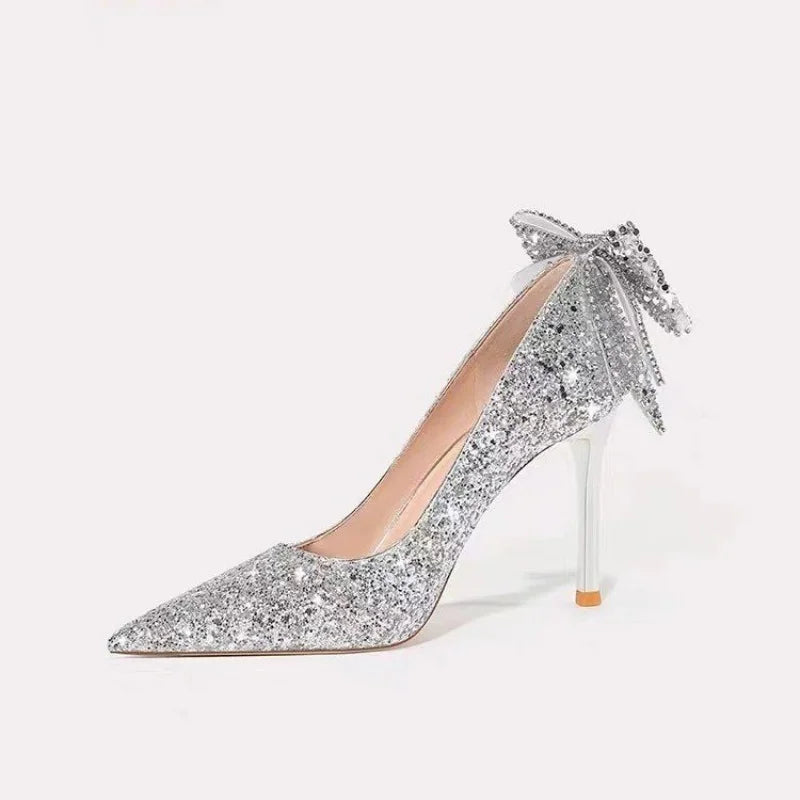 French Silver Sequin Wedding Pumps – Elegant High Heels with Rhinestone Bow