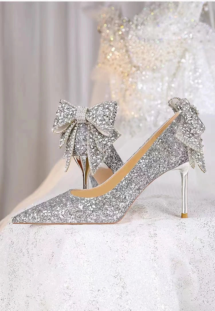 French Silver Sequin Wedding Pumps – Elegant High Heels with Rhinestone Bow