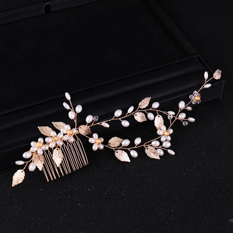 Metal Leaf & Pearl Crepe Bridal Hair Comb