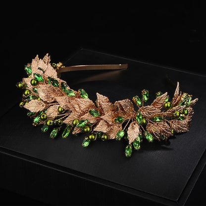 Trendy Green Pearl Rhinestone Crown – Gold Leaf Wedding & Party Tiara