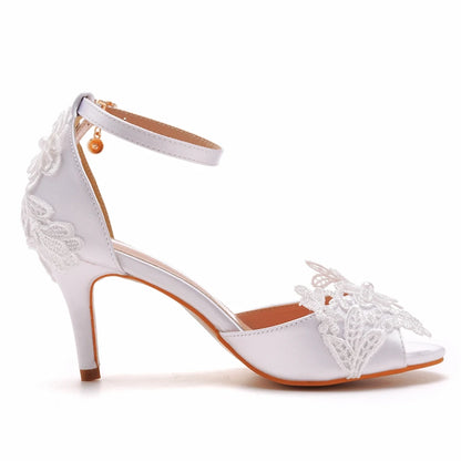 Crystal Queen White Lace Pearl Sandals – Open Toe Stiletto High Heels for Weddings & Banquets