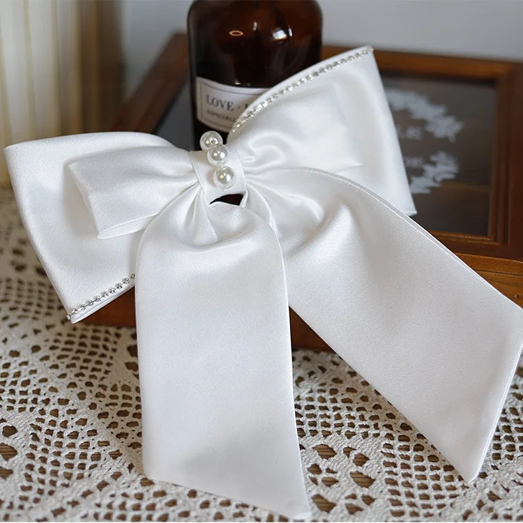 Elegant White Satin Bow Bridal Hair Clip