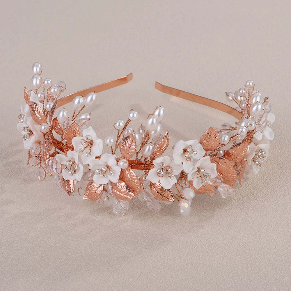 Trendy Flower Leaf Bridal Crown – Pearl Crystal Wedding Headband