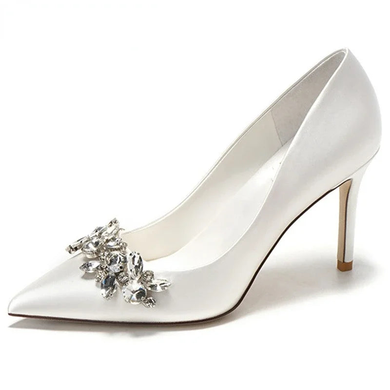 New White Champagne Bridal Shoes – Faux Silk Satin Rhinestone Stiletto Pumps