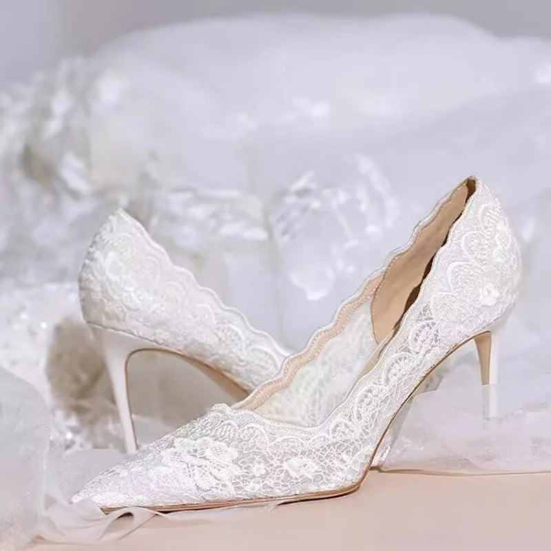 White Lace Bridal Stilettos – Pointed Toe French High Heels for Elegant Weddings