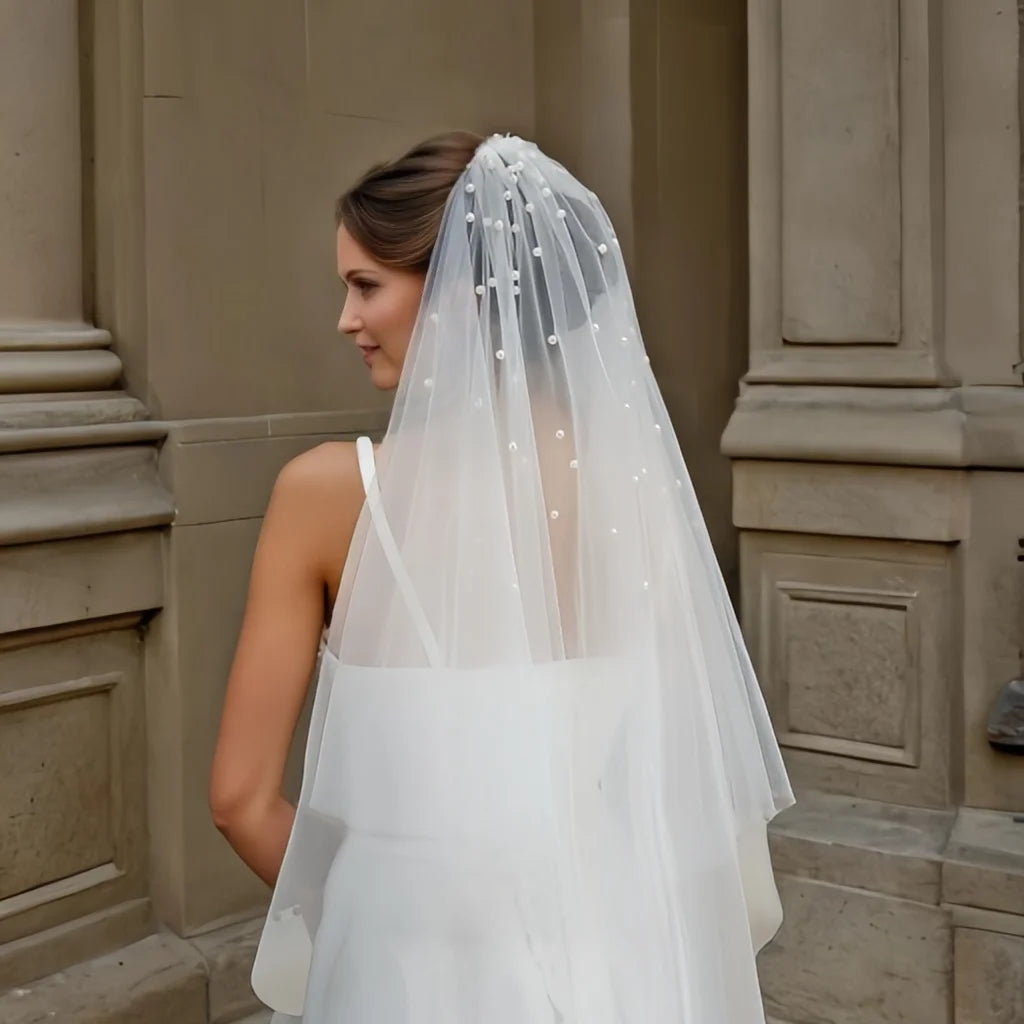 2-Tier Pearl Beaded Wedding Veil – Soft Tulle Bridal Accessory