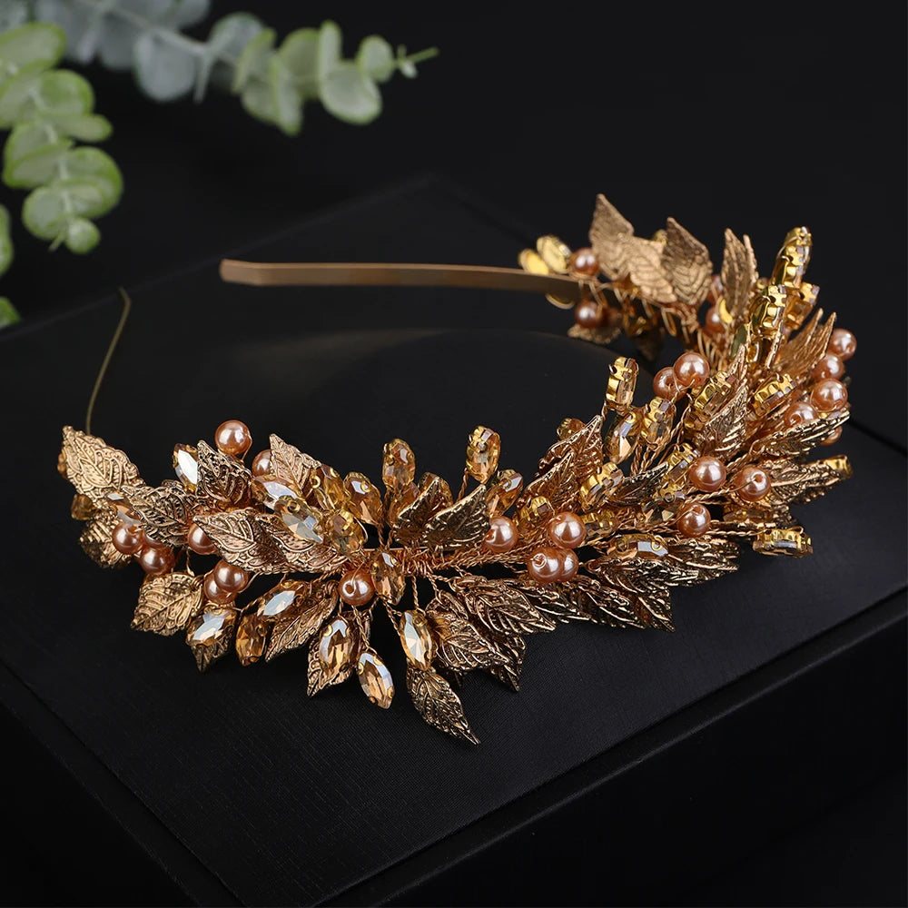 Trendy Green Pearl Rhinestone Crown – Gold Leaf Wedding & Party Tiara