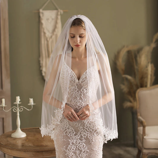 Canan Elegant Lace Appliqué Bridal Veil – One-Layer Tulle