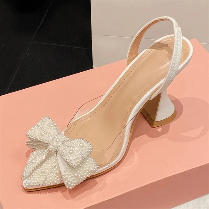 Eilyken Spring Butterfly-knot PVC Transparent Bead Pumps – Pointed Toe High Heel Party Mules