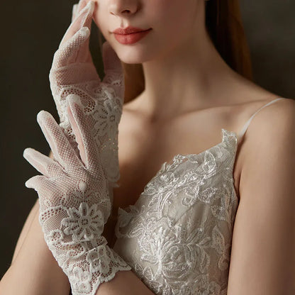 Embroidered Lace Floral Wedding Gloves – Short Wrist Handmade Bridal Gloves