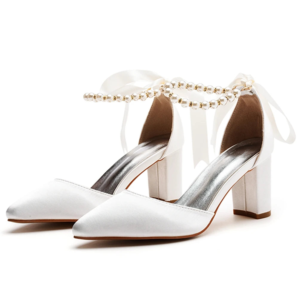 Sexy White Silk Pumps – Pointed Toe Buckle Strap Sandals with Beading