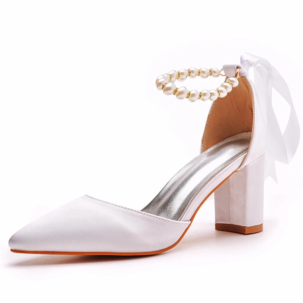 Sexy White Silk Pumps – Pointed Toe Buckle Strap Sandals with Beading