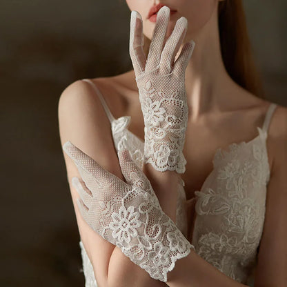 Embroidered Lace Floral Wedding Gloves – Short Wrist Handmade Bridal Gloves