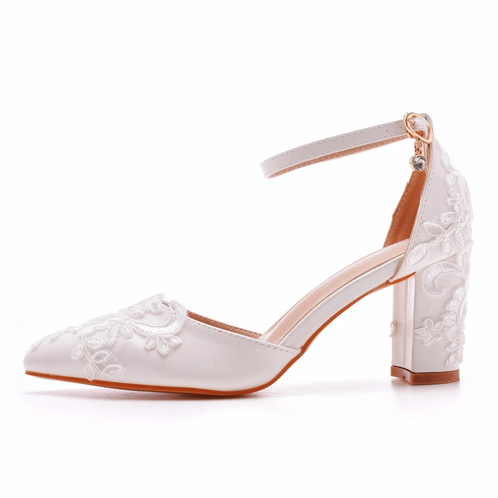 White Lace Wedding Shoes – 7CM Flower High Heel Sandals with Buckle