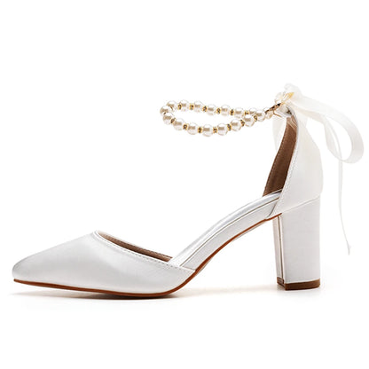 Sexy White Silk Pumps – Pointed Toe Buckle Strap Sandals with Beading