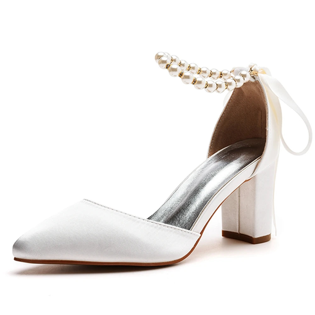 Sexy White Silk Pumps – Pointed Toe Buckle Strap Sandals with Beading