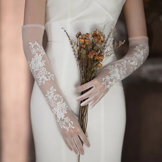 Elegant Long Tulle Bridal Gloves – Lace Appliqué Wedding Accessory