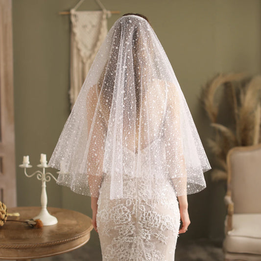 Canan Elbow-Length Bridal Veil – Two-Layer Scalloped Tulle with Stars