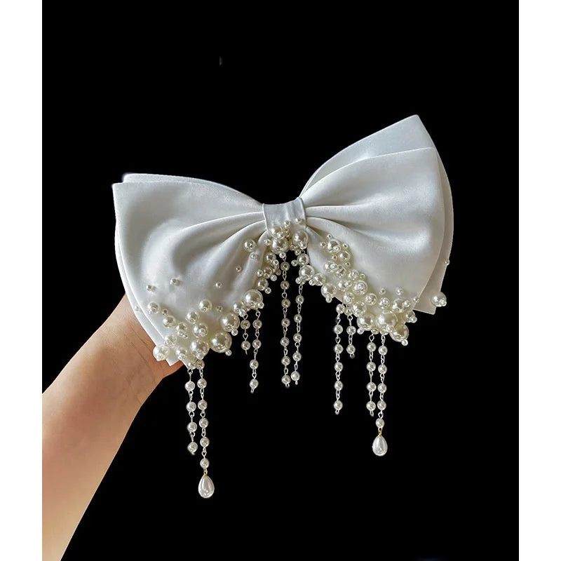 White Beaded Bow Bridal Hair Clip