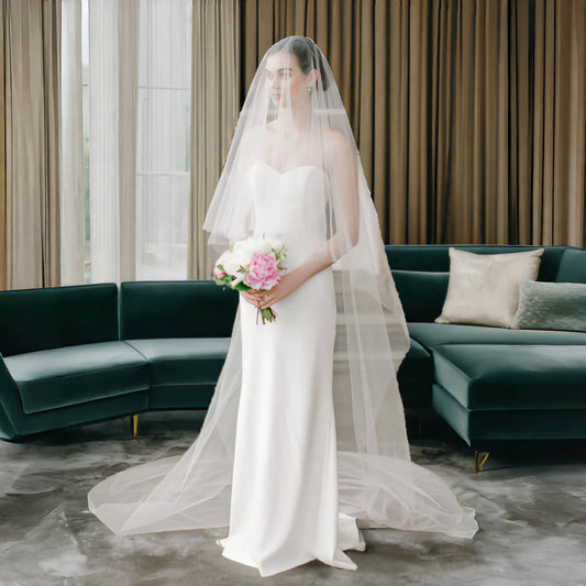 Canan Sheer Cathedral Bridal Veil – Two-Tier Drop Style with Blusher