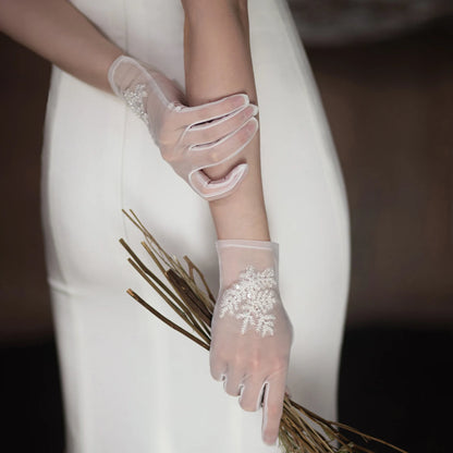 Short Tulle Bridal Gloves – Crystal Beaded Lace Appliqué