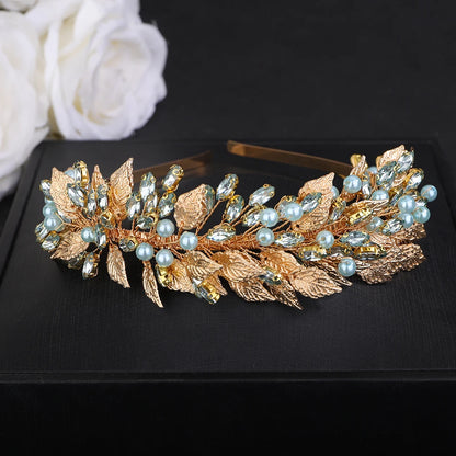 Trendy Green Pearl Rhinestone Crown – Gold Leaf Wedding & Party Tiara