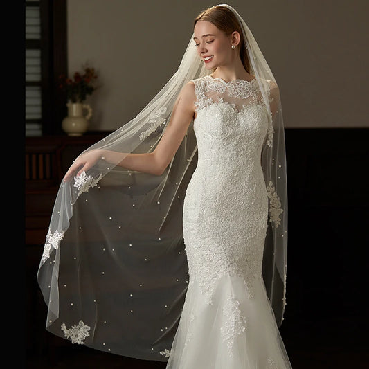 Canan Pearl & Lace Appliqué Bridal Veil – One-Layer Long Tulle