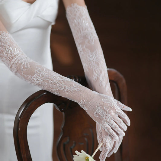 Long Lace Appliqué Bridal Gloves – Eyelash Edge Opera Gloves