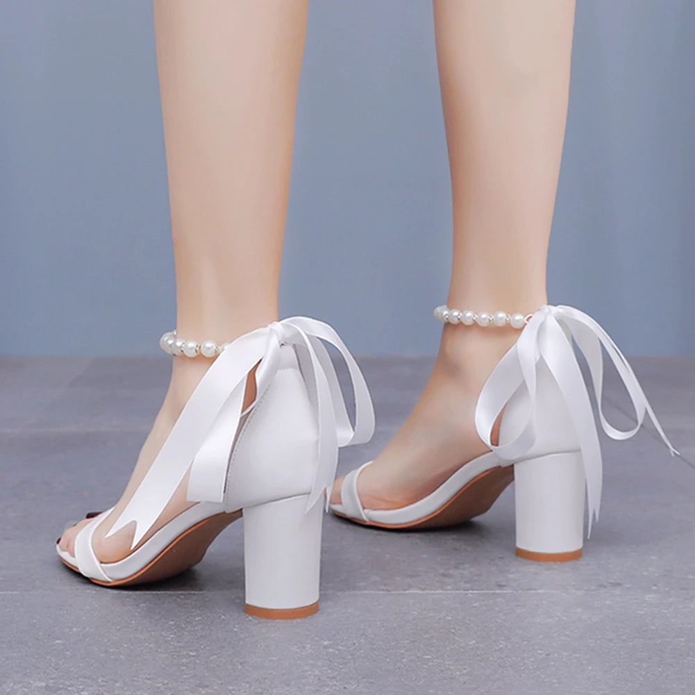 White Beaded Peep Toe Sandals – Summer High Heel Buckle Strap Wedding Shoes