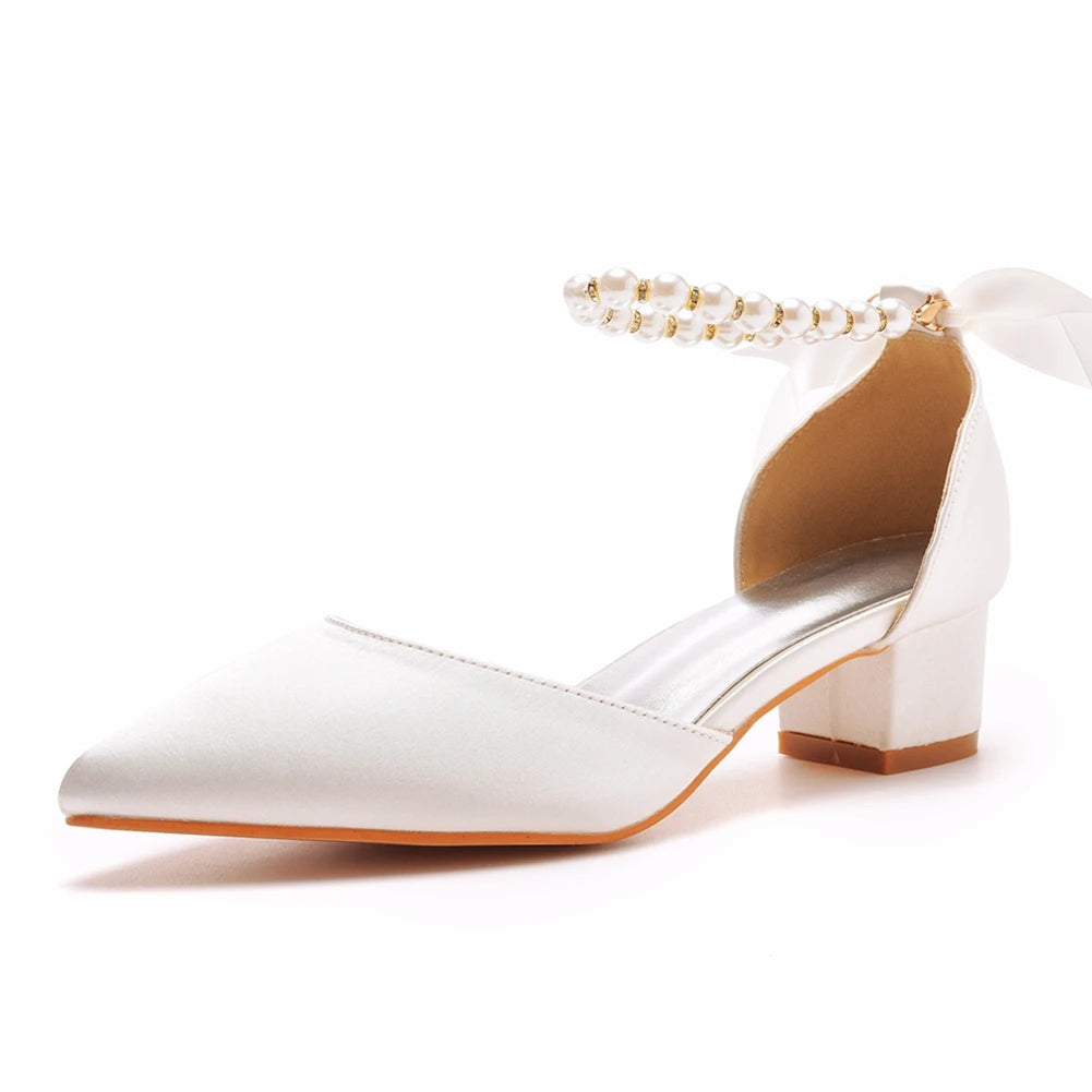 Sexy White Silk Pumps – Pointed Toe Buckle Strap Sandals with Beading