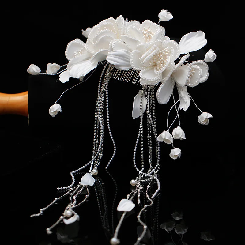 Bridal Satin Pearl Flower comb Beaded Tassel Hairpin Simple and Advanced Wedding Hair Accessories.