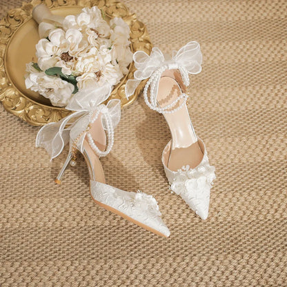 Pearl Bow Stiletto Bridal Heels – White