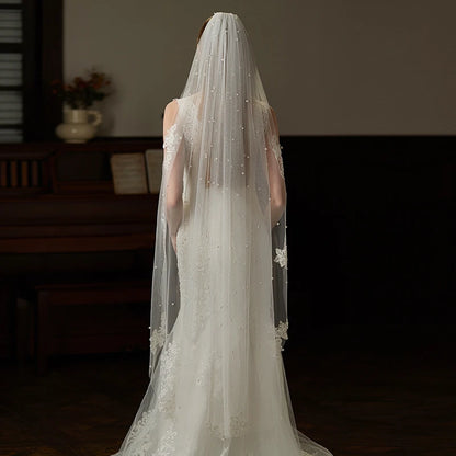 Canan Pearl & Lace Appliqué Bridal Veil – One-Layer Long Tulle