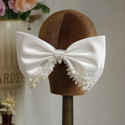 White Beaded Bow Bridal Hair Clip