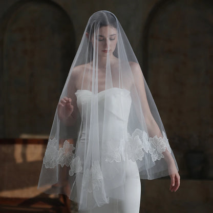 Canan Elegant Lace Bridal Veil – One-Layer Tulle with Face Covering