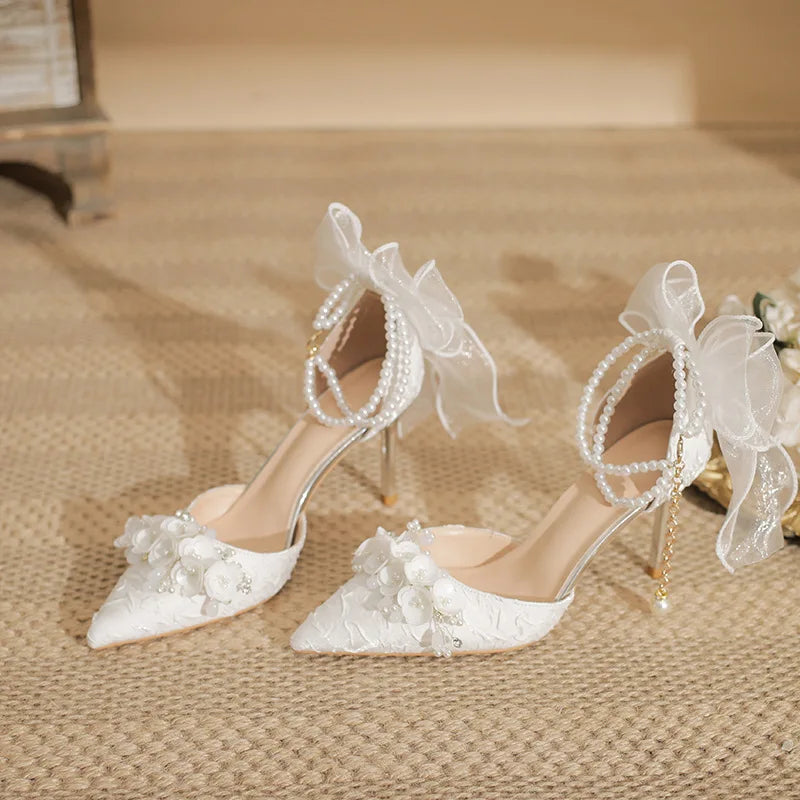 Pearl Bow Stiletto Bridal Heels – White