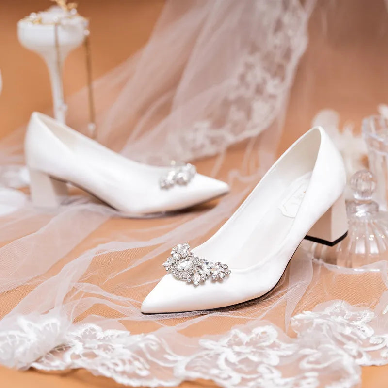 White Rhinestone Bridal Pumps – Thick Heel Pointed Toe Mid-Heel Wedding Shoes