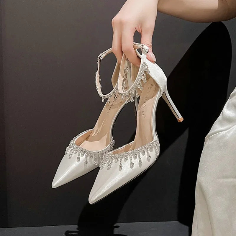 White Satin Wedding Pumps – Rhinestone Fringe High Heels for Bridesmaids