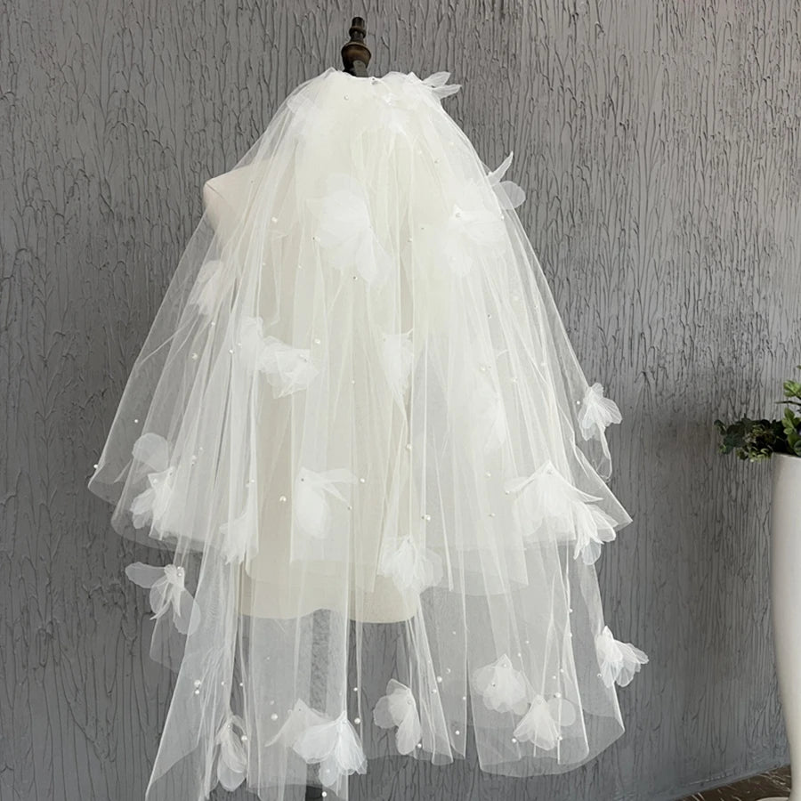 Elegant Two-Layer Wedding Veil – Beaded Pearls & 3D Floral Bridal Accessory