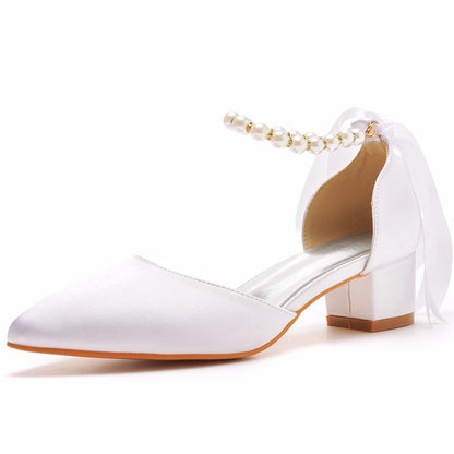 Sexy White Silk Pumps – Pointed Toe Buckle Strap Sandals with Beading