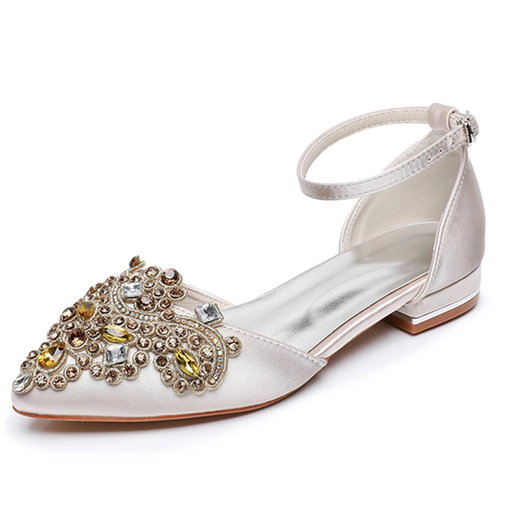 Elegant Bridal Wedding Shoes – Rhinestone Satin Flat High Heel Sandals