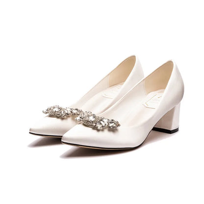 White Rhinestone Bridal Pumps – Thick Heel Pointed Toe Mid-Heel Wedding Shoes