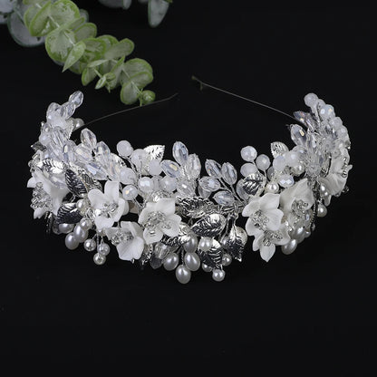 Trendy Flower Leaf Bridal Crown – Pearl Crystal Wedding Headband