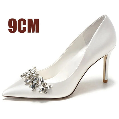 New White Champagne Bridal Shoes – Faux Silk Satin Rhinestone Stiletto Pumps