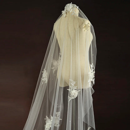 Luxury 3D Flower Pearl Wedding Veil – Long Cathedral Bridal Veil with Comb