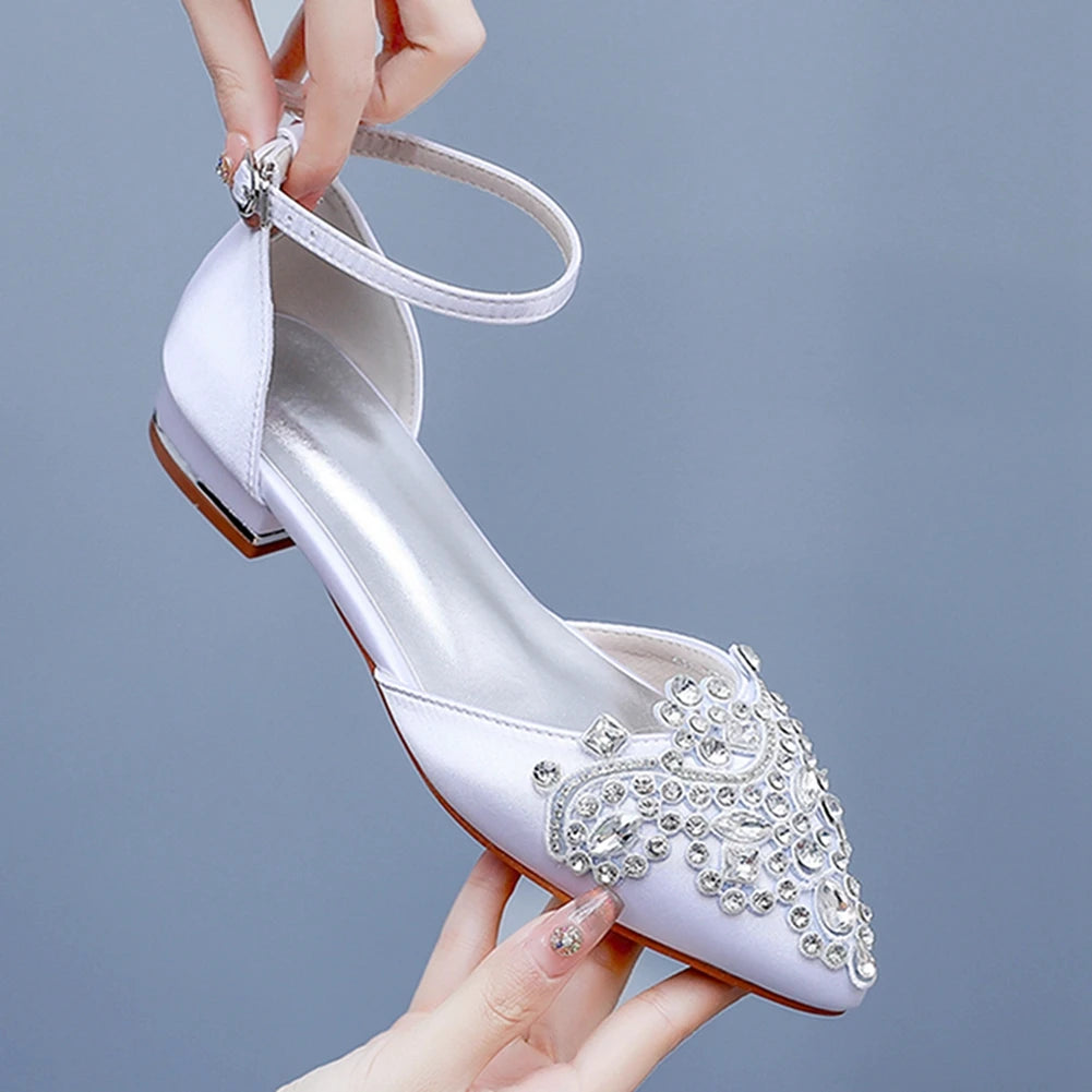 Elegant Bridal Wedding Shoes – Rhinestone Satin Flat High Heel Sandals