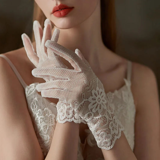 Embroidered Lace Floral Wedding Gloves – Short Wrist Handmade Bridal Gloves