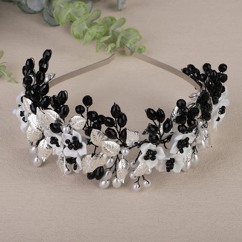 Trendy Flower Leaf Bridal Crown – Pearl Crystal Wedding Headband